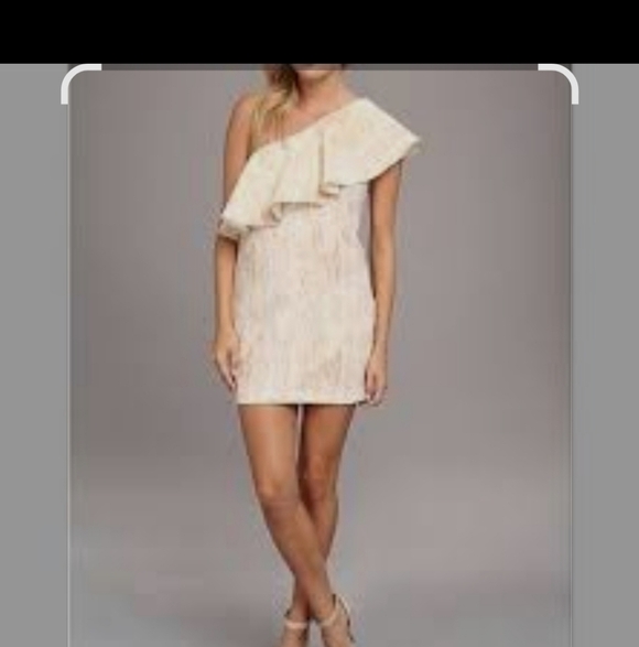 BCBGeneration Tan Cream Asymmetrical Ruffled Sheath Dress - Picture 2 of 9